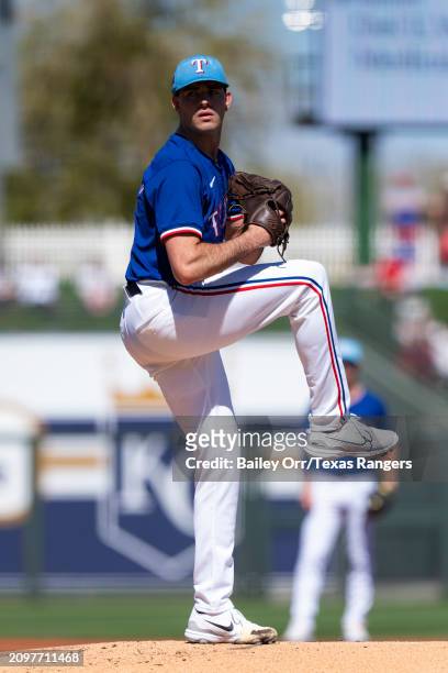 Cody Bradford of the Texas Rangers pitches during a spring training game against the Los Angeles Angels at Surprise Stadium on March 04, 2024 in...