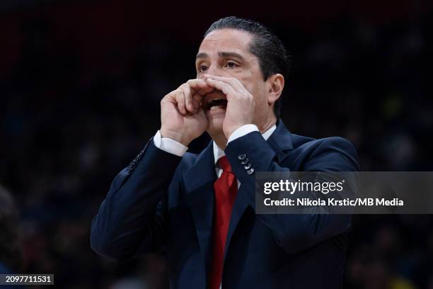 Head Coach Ioannis Sfairopoulos of Crvena Zvezda Meridianbet Belgrade reacts during the 2023/2024 Turkish Airlines EuroLeague, Round 31 match between...