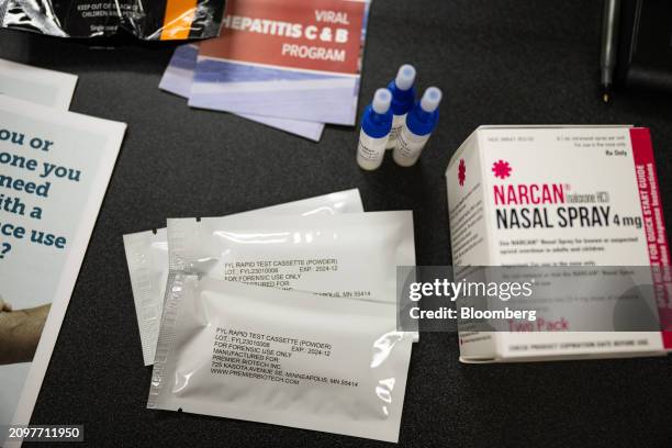 Narcan-brand naloxone nasal spray and Rapid Response Fentanyl Forensic Test Kits arranged at the Pima County Health Department North Office in...