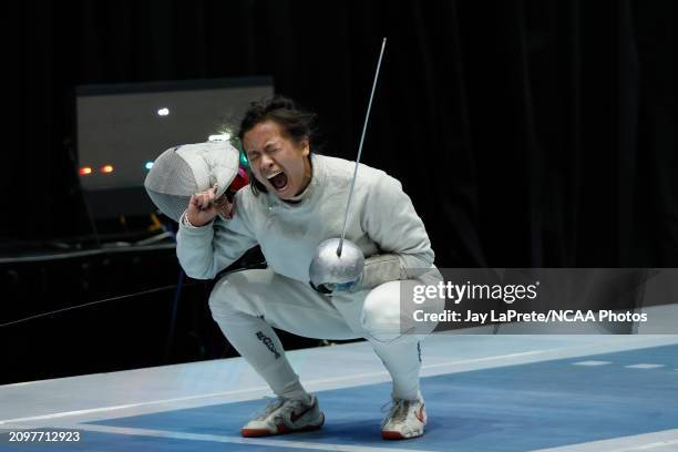 Vera Kong of the Columbia Lions celebrate sher win over Maggie Shealy of the Brandeis Judges in the semifinal saber competition the Division I Men's...