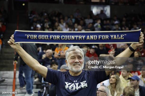 Proud Yale Bulldogs fan shows his support during the first round of the 2024 NCAA Men's Basketball Tournament between the Auburn Tigers and the Yale...