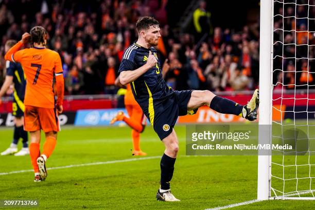 Andy Robertson of Scotland reacts after conceding his sides second goal during the friendly match between Netherlands and Scotland at Johan Cruyff...