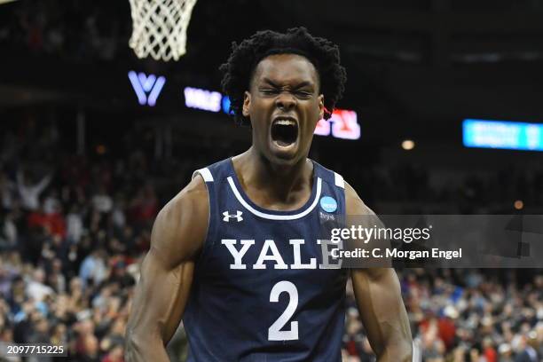 Bez Mbeng of the Yale Bulldogs celebrates his team's 78-76 win over Auburn Tigers during the first round of the 2024 NCAA Men's Basketball Tournament...