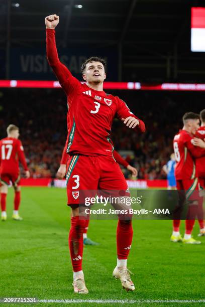 Neco Williams of Wales celebrates after scoring a goal to make it 2-0 during the UEFA EURO 2024 Play-Offs Semi-final between Wales and Finland at...