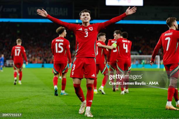 Neco Williams of Wales celebrates after scoring a goal to make it 2-0 during the UEFA EURO 2024 Play-Offs Semi-final between Wales and Finland at...