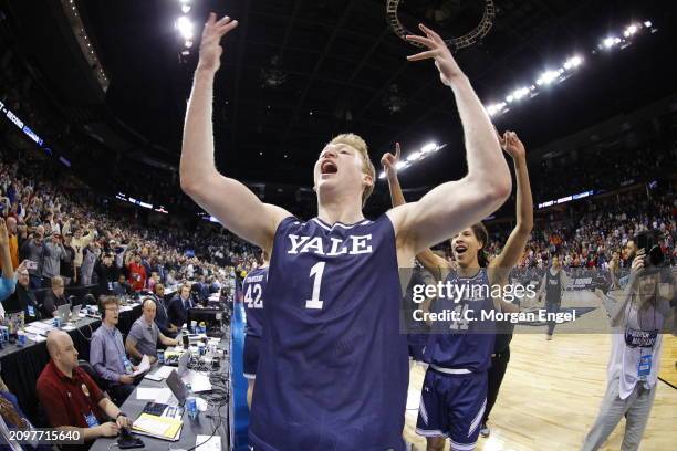 Danny Wolf of the Yale Bulldogs celebrates his team's 78-72 upset win over Auburn Tigers during the first round of the 2024 NCAA Men's Basketball...