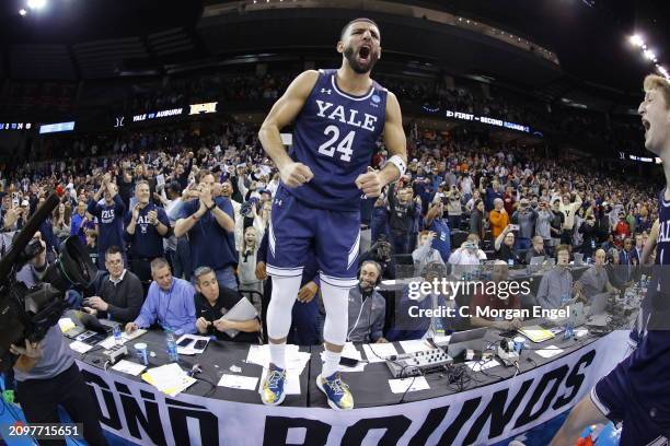 Yassine Gharram of the Yale Bulldogs celebrates his team's 78-76 win over Auburn Tigers during the first round of the 2024 NCAA Men's Basketball...