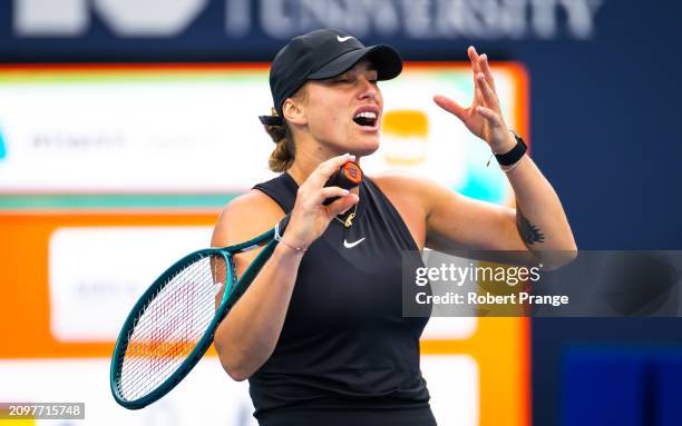 Aryna Sabalenka in action against Paula Badosa of Spain in the second round on Day 7 of the Miami Open Presented by Itau at Hard Rock Stadium on...