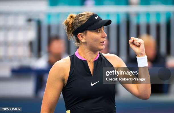 Paula Badosa of Spain in action against Aryna Sabalenka in the second round on Day 7 of the Miami Open Presented by Itau at Hard Rock Stadium on...