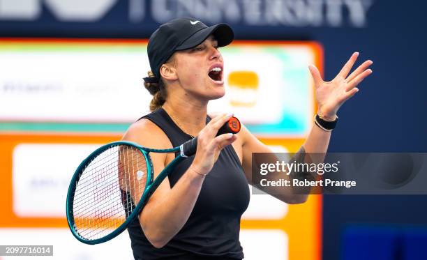 Aryna Sabalenka in action against Paula Badosa of Spain in the second round on Day 7 of the Miami Open Presented by Itau at Hard Rock Stadium on...