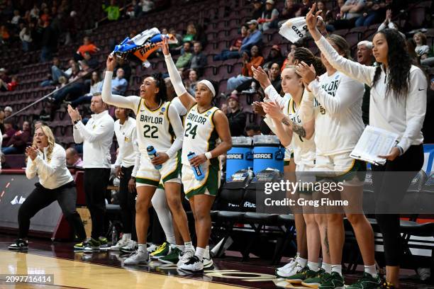 The Baylor Lady Bears bench celebrates during the third quarter of a game against the Vanderbilt Commodores during the first round of the 2024 NCAA...