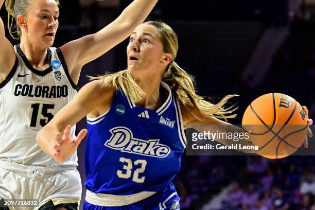 Courtney Becker of the Drake Bulldogs dribbles past Kindyll Wetta of the Colorado Buffaloes during the first round of the 2024 NCAA Women's...