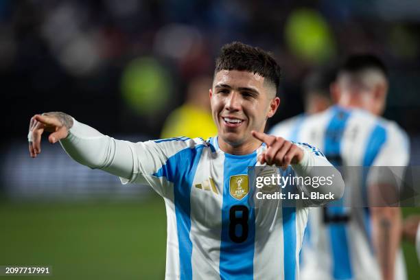 Enzo Fernandez of Argentina celebrates after scoring the team's second goal during the first half of the International Friendly match against El...