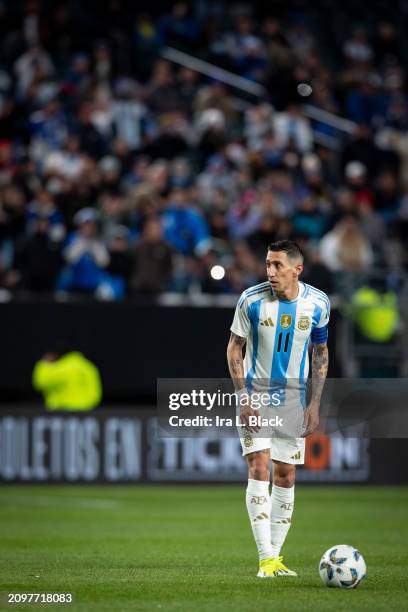 Ángel Di Maria of Argentina takes the free kick during the first half of the International Friendly match against El Salvador at Lincoln Financial...