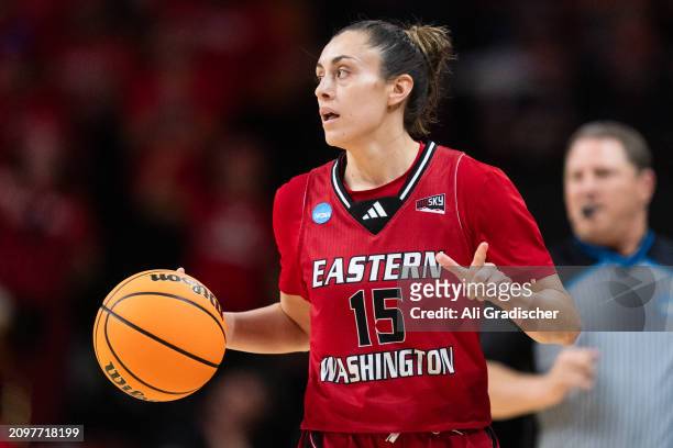 Guard Jamie Loera of the Eastern Washington Eagles calls out a play during the first quarter of the 2024 NCAA Women's Basketball Tournament first...