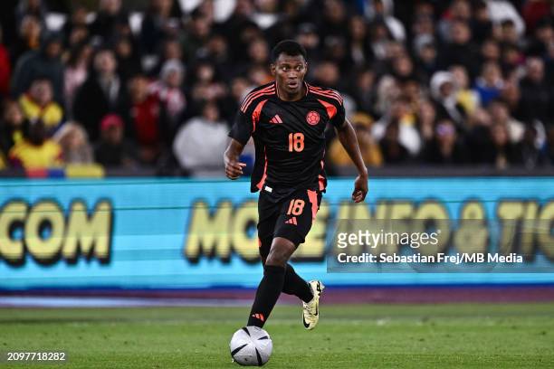 James Rodriguez of Colombia controls ball during the international friendly match between Spain and Colombia at London Stadium on March 22, 2024 in...