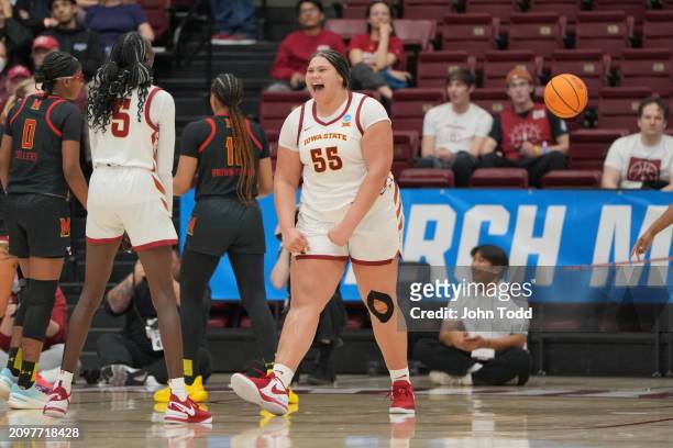 Audi Crooks of the Iowa State Cyclones celebrates against the Maryland Terrapins during the first round of the 2024 NCAA Women's Basketball...