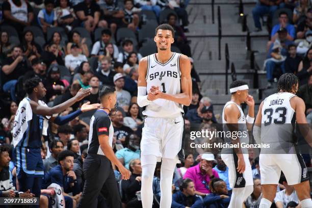 Victor Wembanyama of the San Antonio Spurs smiles during the game against the Memphis Grizzlies on March 22, 2024 at the Frost Bank Center in San...