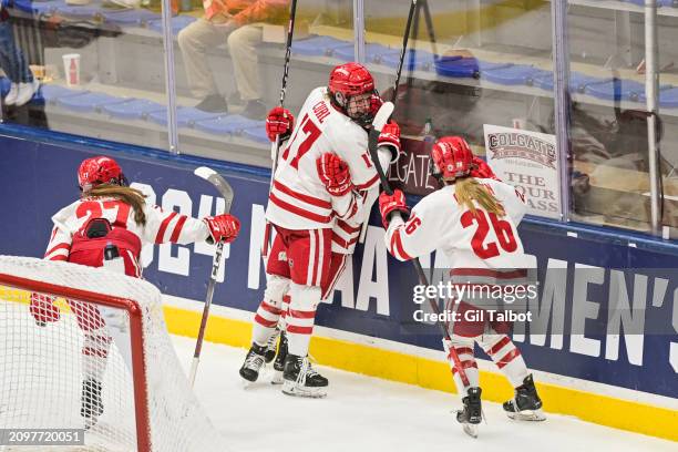 The Wisconsin Badgers celebrate one of their third period goal during the Division I Women's Ice Hockey Championship held at Whittemore Center Arena...