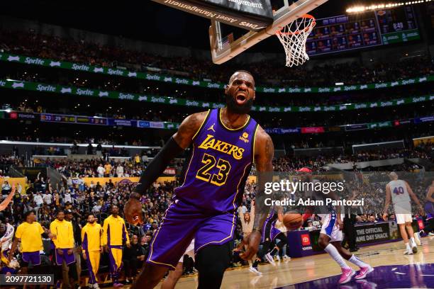 LeBron James of the Los Angeles Lakers celebrates during the game against the Philadelphia 76ers on March 22, 2024 at Crypto.Com Arena in Los...