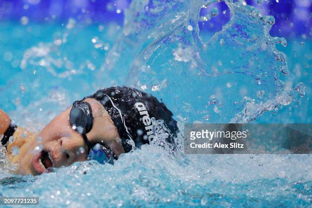 Aurora Roghair of the Stanford Cardinals competes in the Women's 200 Yard Freestyle consolation finals during the Division I Women's Swimming and...