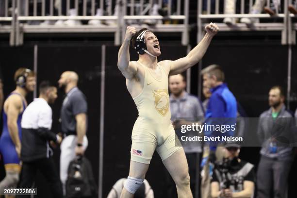 Benjamin Pasiuk of the Army West Point Black Knights wrestles Jared Simma of the University of Northern Iowa Panthers during the Division I Men's...