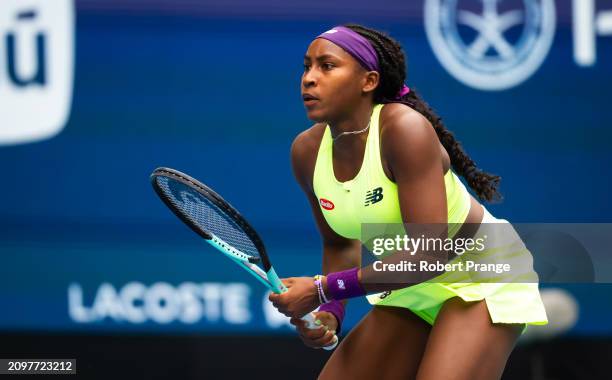 Coco Gauff of the United States in action against Nadia Podoroska of Argentina in the second round on Day 7 of the Miami Open Presented by Itau at...