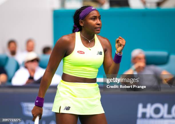 Coco Gauff of the United States in action against Nadia Podoroska of Argentina in the second round on Day 7 of the Miami Open Presented by Itau at...