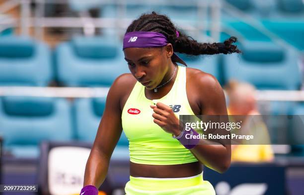 Coco Gauff of the United States in action against Nadia Podoroska of Argentina in the second round on Day 7 of the Miami Open Presented by Itau at...