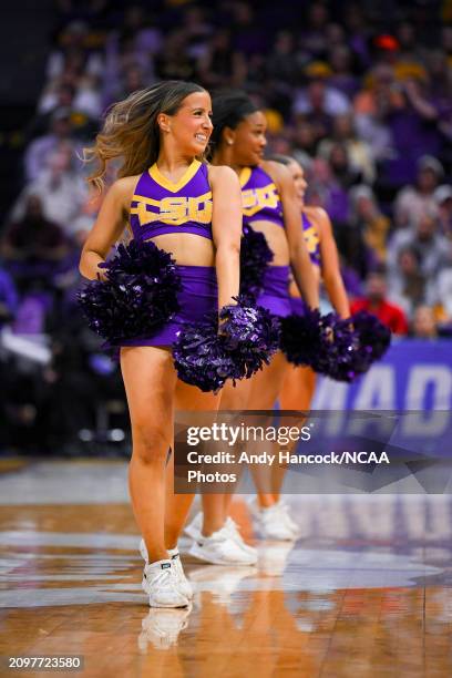 Cheerleaders perform at half time during the first round of the 2024 NCAA Women's Basketball Tournament held at Pete Maravich Assembly Center on...