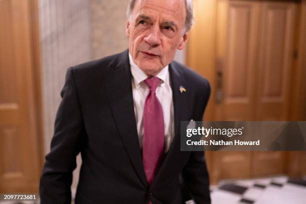 QWASHINGTON, DC U.S. Sen. Tom Carper speaks with members of the media on March 23, 2024 in Washington, DC. The House of Representatives passed a $1.2...