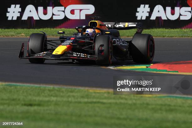 Red Bull Racing's Dutch driver Max Verstappen competes during the qualifying session of the Formula One Australian Grand Prix at the Albert Park...