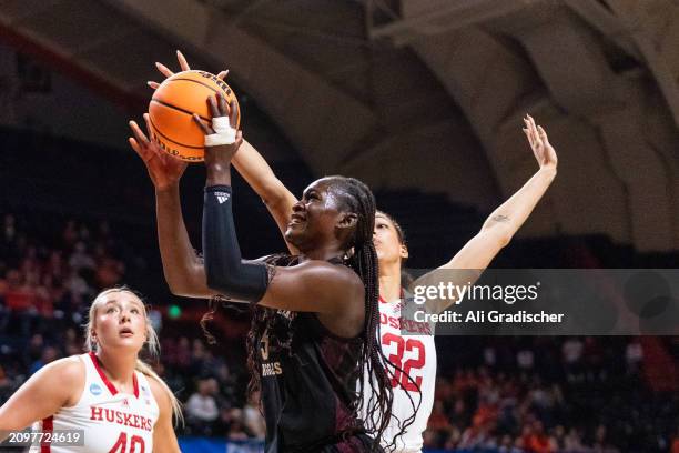 Guard Aicha Coulibaly of the Texas A&M Aggies attempts a layup during the third quarter of a 2024 NCAA Women's Basketball Tournament first round game...