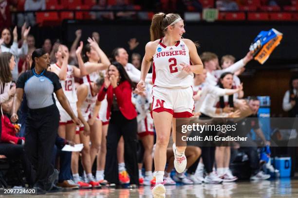 Guard Logan Nissley of the Nebraska Cornhuskers reacts after making a basket early in the third quarter against the Texas A&M Aggies in a 2024 NCAA...