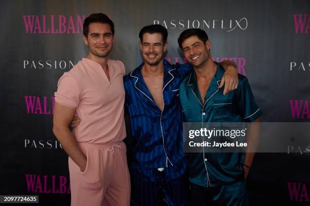 Kevin Joy, Liam Hall and Andrew Rogers attend the red carpet of Passionflix's Wallbanger Premiere at Passioncon at Hyatt Regency Grand Reserve on...