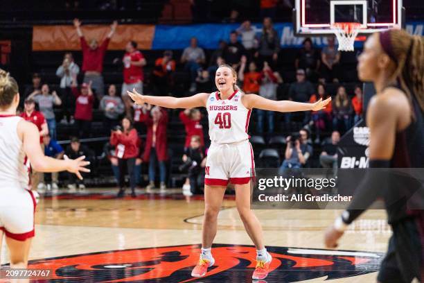 Center Alexis Markowski of the Nebraska Cornhuskers reacts after a 61-59 win over the Texas A&M Aggies during a 2024 NCAA Women's Basketball...