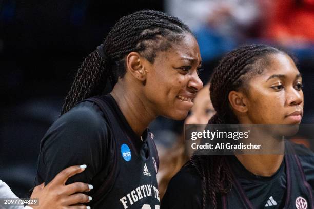 Guard Sahara Jones of the Texas A&M Aggies reacts after their 61-59 loss to the Nebraska Cornhuskers during a 2024 NCAA Women's Basketball Tournament...