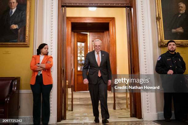 Senate Majority Leader Charles Schumer departs the Senate Chambers on March 23, 2024 in Washington, DC. The House of Representatives passed a $1.2...