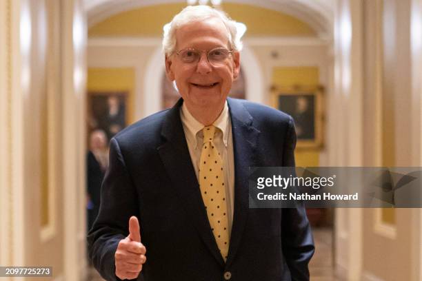 Senate Minority Leader Sen. Mitch McConnell departs the Senate Chambers on March 23, 2024 in Washington, DC. The House of Representatives passed a...