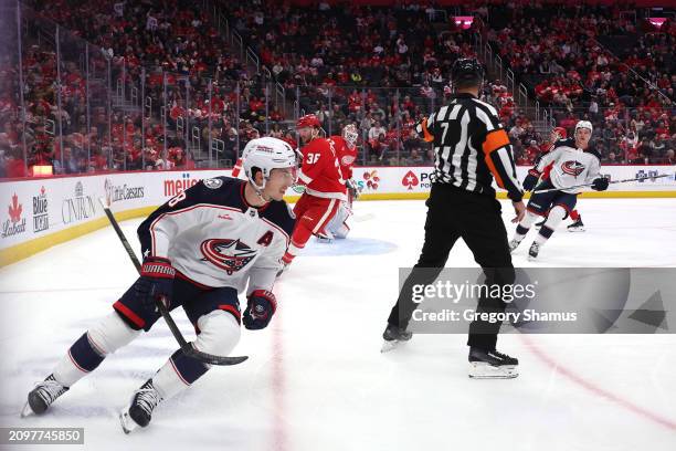 Zach Werenski of the Columbus Blue Jackets celebrates his first period goal while playing the Columbus Blue Jackets at Little Caesars Arena on March...