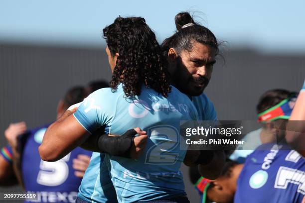 Tohu Harris during a New Zealand Warriors NRL training session at Mt Smart Stadium on March 20, 2024 in Auckland, New Zealand.