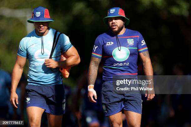 Roger Tuivasa-Sheck and Jazz Tevaga arrive for a New Zealand Warriors NRL training session at Mt Smart Stadium on March 20, 2024 in Auckland, New...