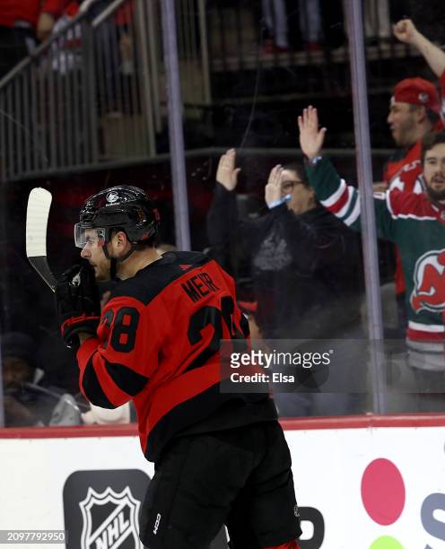 Timo Meier of the New Jersey Devils celebrates his goal during the second period against the Pittsburgh Penguins at Prudential Center on March 19,...
