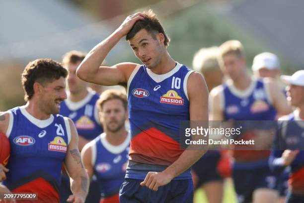 Sam Darcy of the Bulldogs reacts during a Western Bulldogs AFL training session at Whitten Oval on March 20, 2024 in Melbourne, Australia.