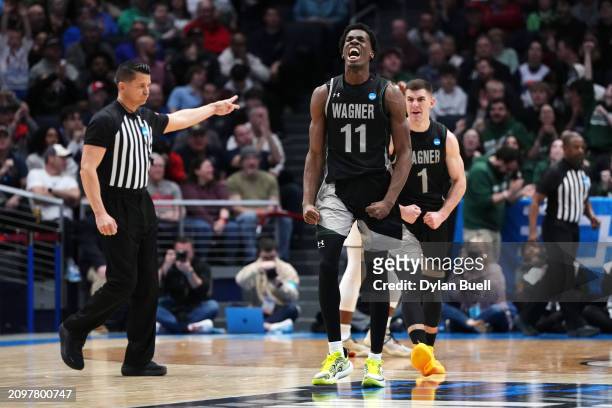 Melvin Council Jr. #11 of the Wagner Seahawks reacts during the second half against the Howard Bison in the First Four game during the NCAA Men's...
