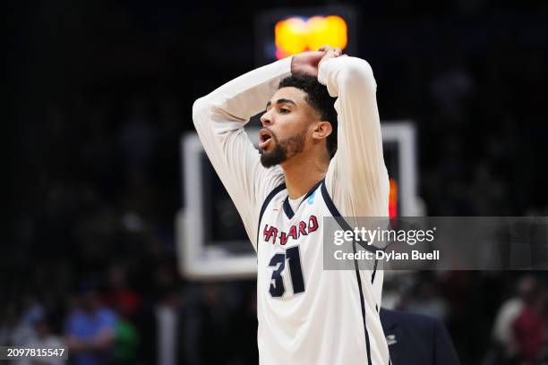 Seth Towns of the Howard Bison reacts after being defeated by the Wagner Seahawks 71-68 in the First Four game during the NCAA Men's Basketball...