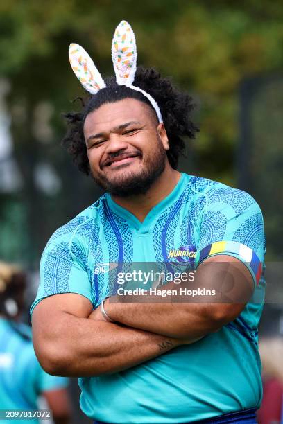 Pasilio Tosi poses in some bunny ears during a Hurricanes Super Rugby training session at NZCIS on March 20, 2024 in Wellington, New Zealand.