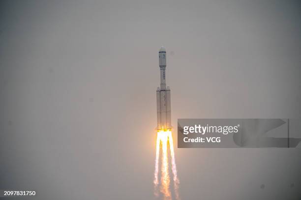 The Long March-8 Y3 carrier rocket carrying the relay satellite Queqiao-2 blasts off from the Wenchang Spacecraft Launch Site on March 20, 2024 in...