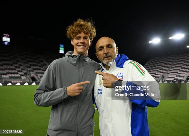 Italian national football team head coach Luciano Spalletti and 2024 Australian Open tennis winner, Italian Jannik Sinner attend a training session...