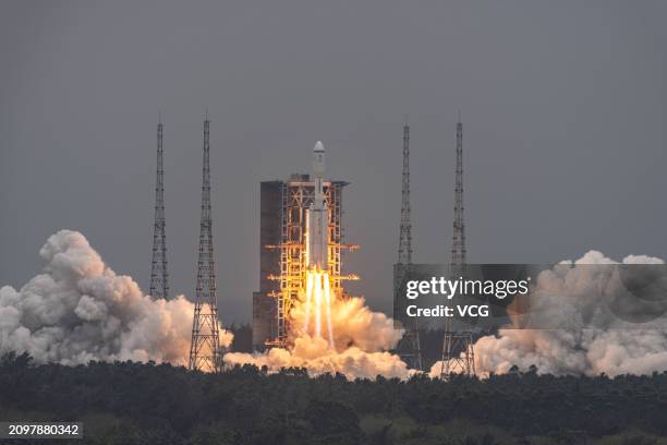 The Long March-8 Y3 carrier rocket carrying the relay satellite Queqiao-2 blasts off from the Wenchang Spacecraft Launch Site on March 20, 2024 in...